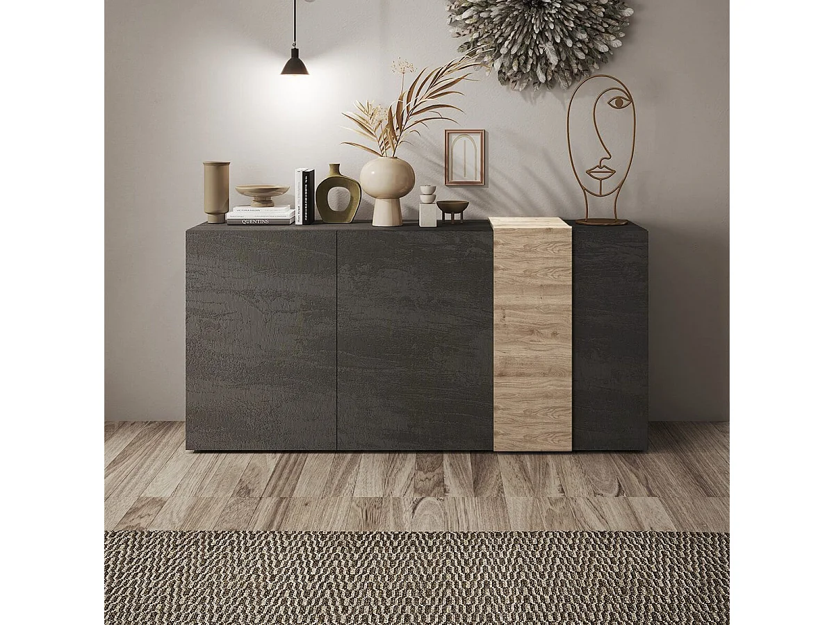 VESUVIO TITANE - Buffet 3 Portes Gris Anthracite et Aspect Bois Finition Cadiz