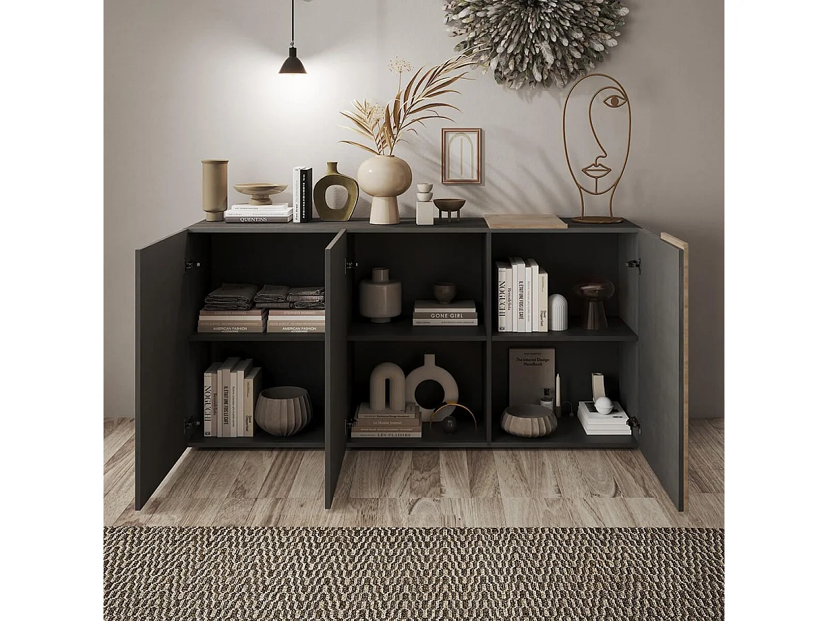 VESUVIO TITANE - Buffet 3 Portes Gris Anthracite et Aspect Bois Finition Cadiz