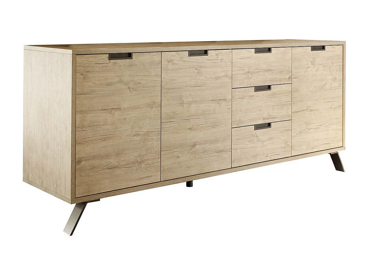 PALAMO - Buffet 3 Portes 3 Tiroirs Aspect Bois Pieds Métal Gris Foncé