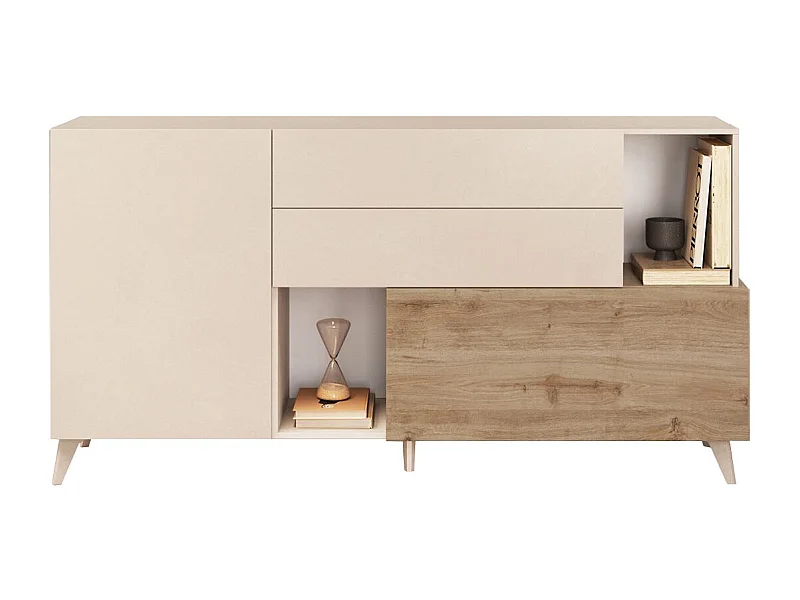 CARLO - Buffet 2 portes 2 Tiroirs Laqué Beige et Aspect Bois Finition Cadiz