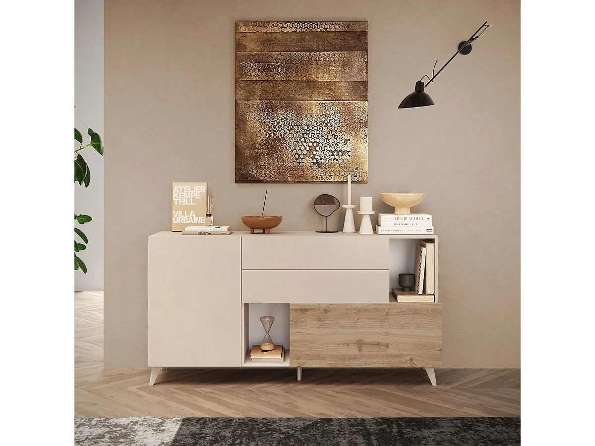 CARLO - Buffet 2 portes 2 Tiroirs Laqué Beige et Aspect Bois Finition Cadiz