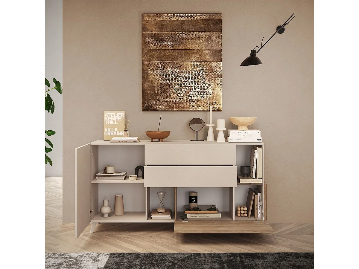 CARLO - Buffet 2 portes 2 Tiroirs Laqué Beige et Aspect Bois Finition Cadiz