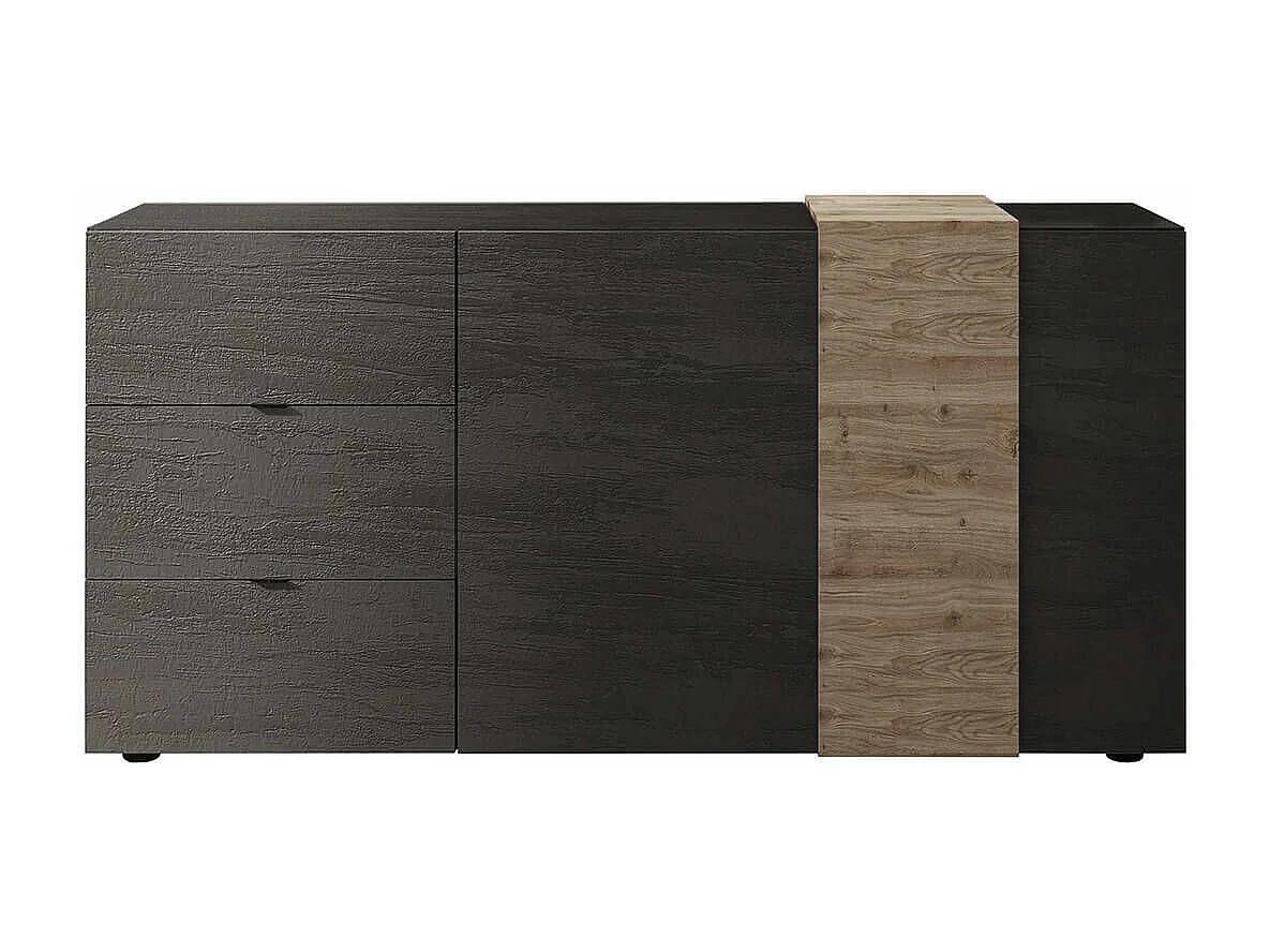 VESUVIO TITANE - Buffet 2 Portes 3 Tiroirs Gris Anthracite et Aspect Bois Finition Cadiz