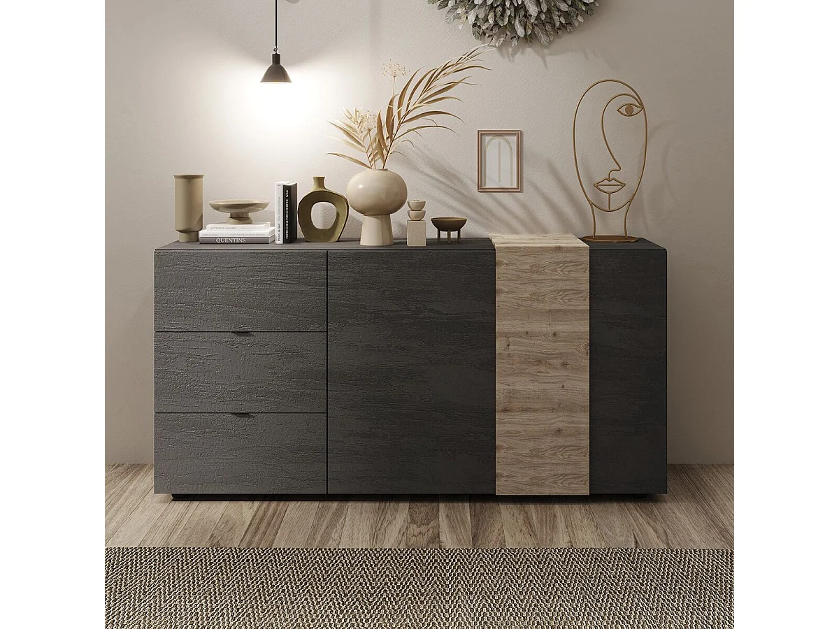 VESUVIO TITANE - Buffet 2 Portes 3 Tiroirs Gris Anthracite et Aspect Bois Finition Cadiz