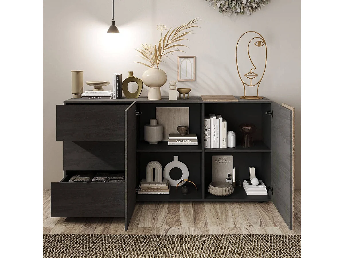 VESUVIO TITANE - Buffet 2 Portes 3 Tiroirs Gris Anthracite et Aspect Bois Finition Cadiz