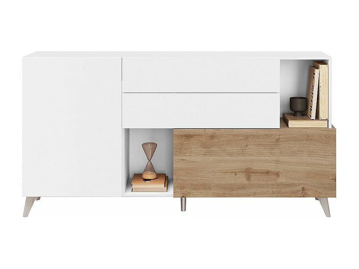 CARLO - Buffet 2 portes 2 Tiroirs Laqué Blanc et Aspect Bois Finition Cadiz