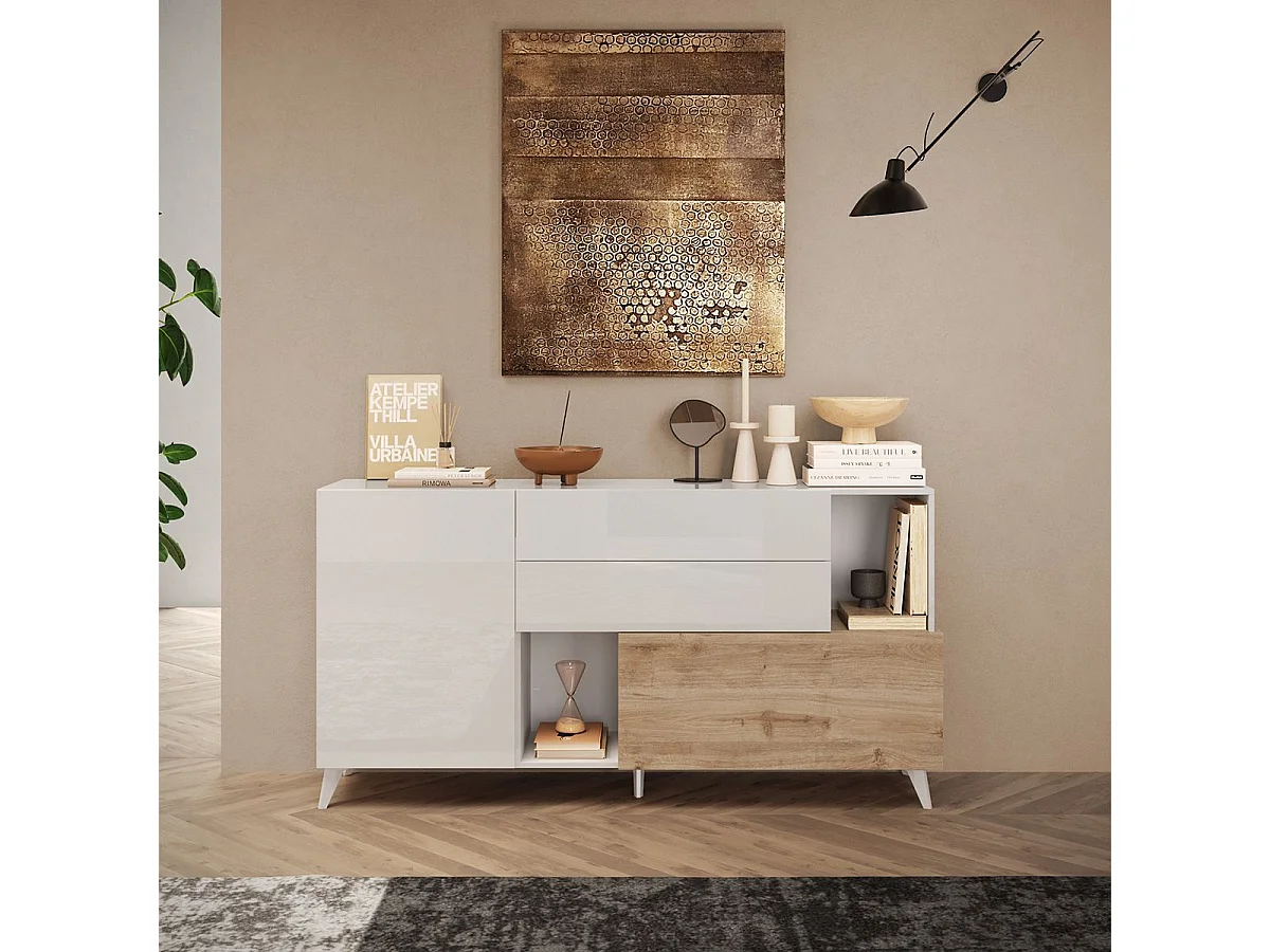 CARLO - Buffet 2 portes 2 Tiroirs Laqué Blanc et Aspect Bois Finition Cadiz