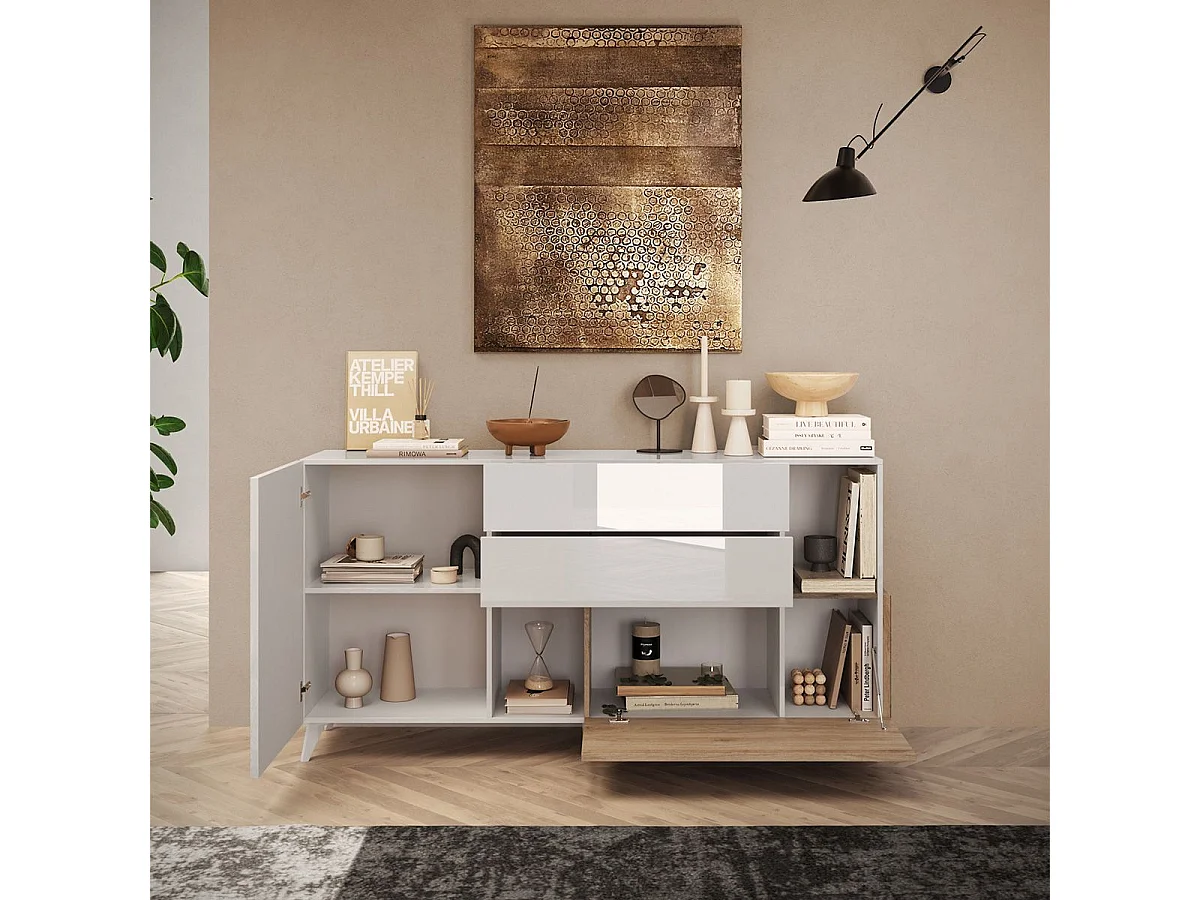 CARLO - Buffet 2 portes 2 Tiroirs Laqué Blanc et Aspect Bois Finition Cadiz