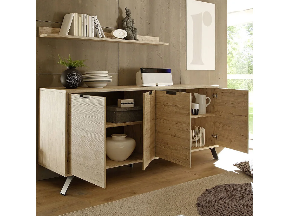 PALAMO - Buffet 4 Portes Aspect Bois Pieds Métal Gris Foncé