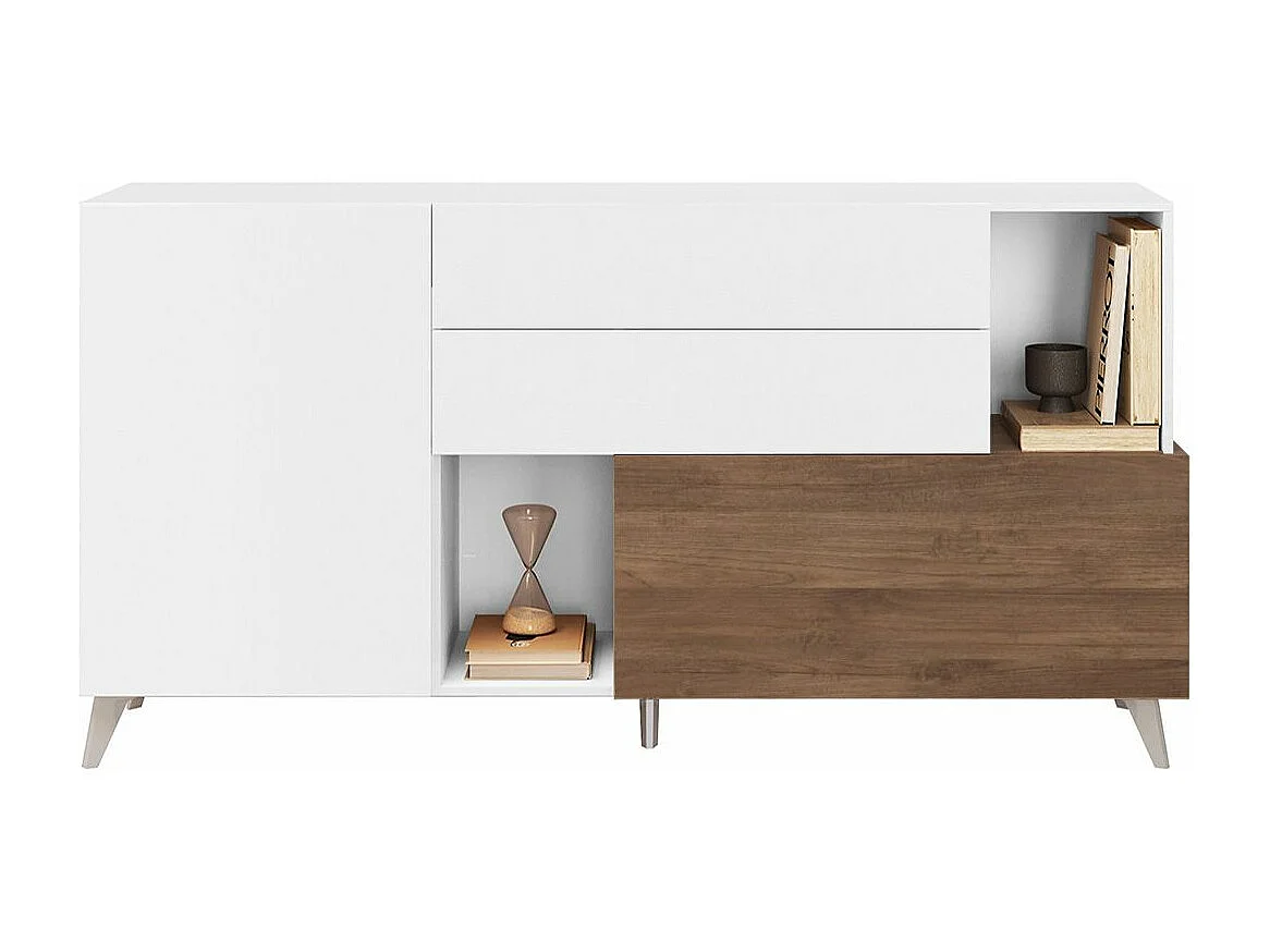 CARLO - Buffet 2 portes 2 Tiroirs Laqué Blanc et Aspect Bois Finition Mercure