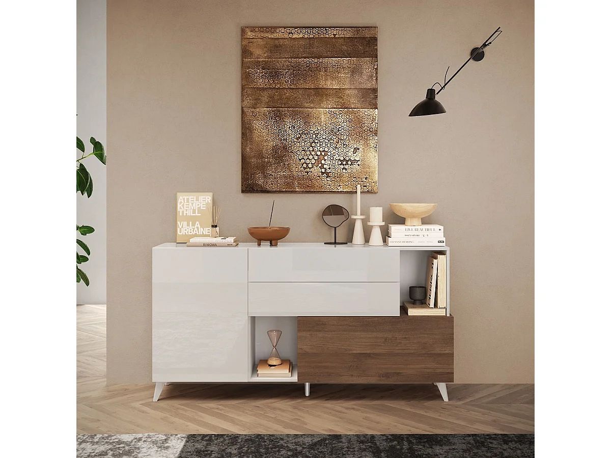 CARLO - Buffet 2 portes 2 Tiroirs Laqué Blanc et Aspect Bois Finition Mercure