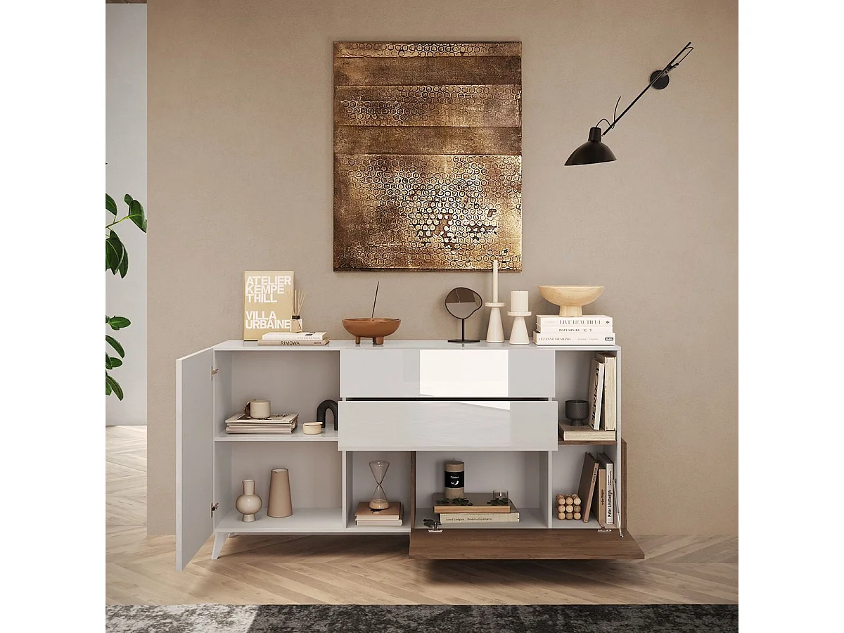 CARLO - Buffet 2 portes 2 Tiroirs Laqué Blanc et Aspect Bois Finition Mercure