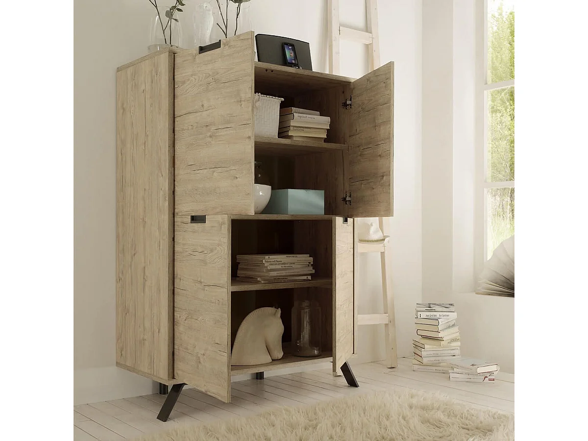 PALAMO - Buffet Haut 4 Portes Aspect Pieds Métal Gris Foncé