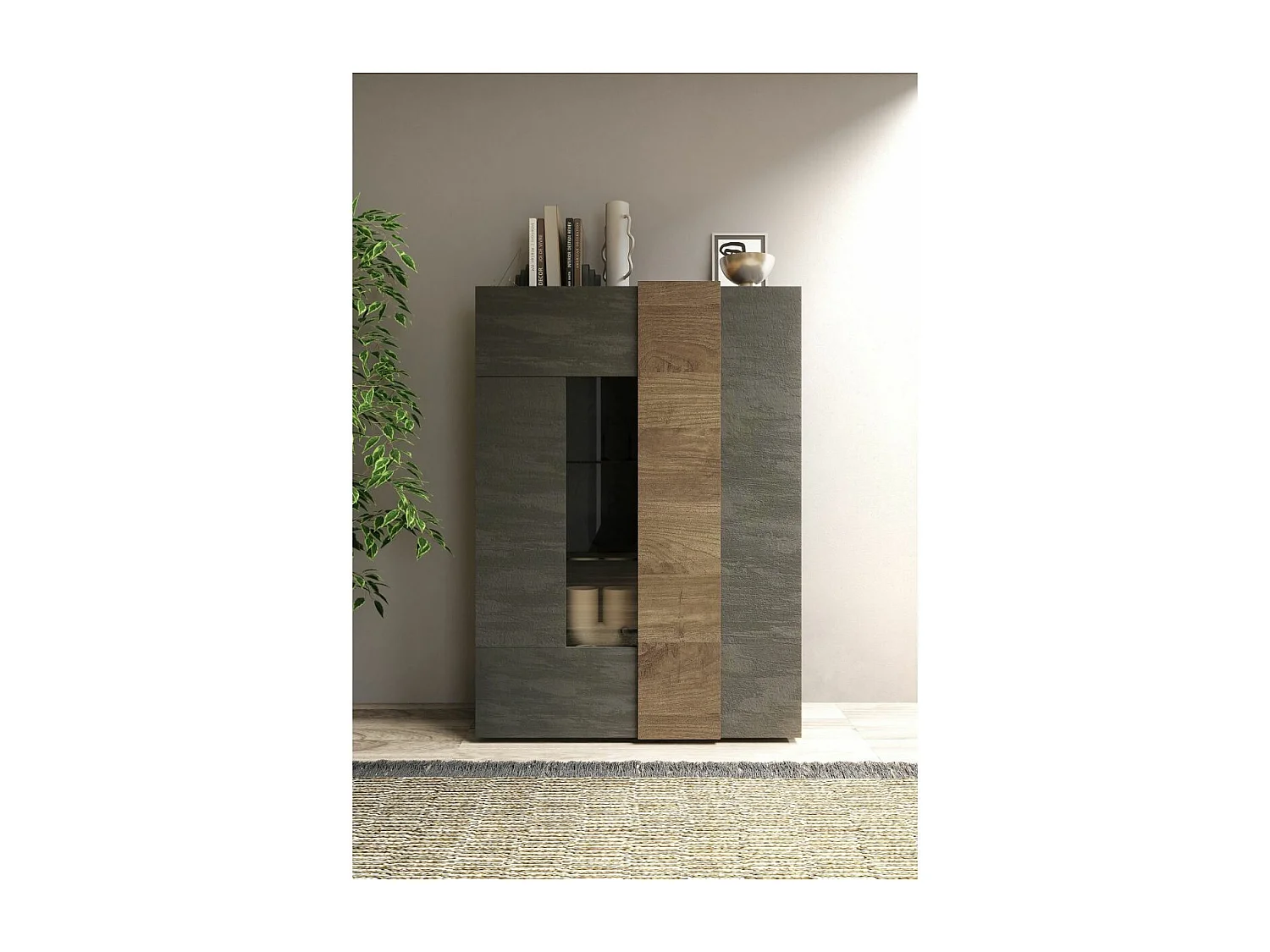 VESUVIO TITANE - Vitrine 2 Portes Gris Anthracite et Aspect Bois Finition Mercure