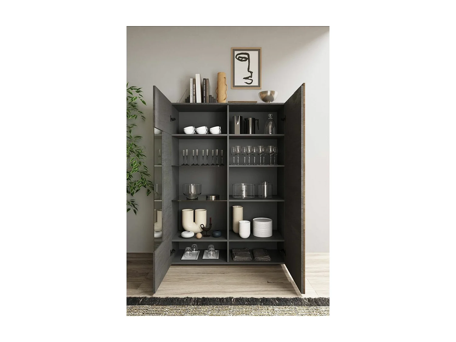 VESUVIO TITANE - Vitrine 2 Portes Gris Anthracite et Aspect Bois Finition Mercure