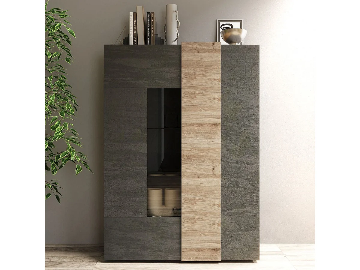 VESUVIO TITANE - Vitrine 2 Portes Gris Anthracite et Aspect Bois Finition Cadiz