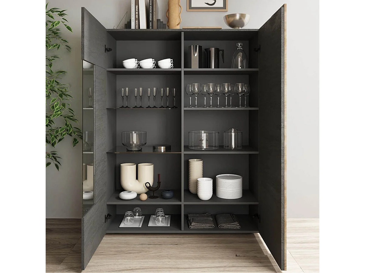 VESUVIO TITANE - Vitrine 2 Portes Gris Anthracite et Aspect Bois Finition Cadiz