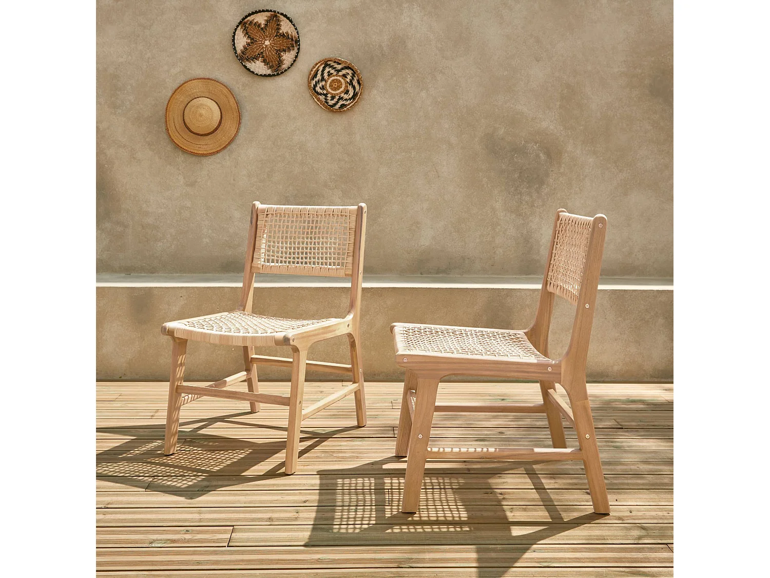 Silla de jardín de caña y madera, set de 2 natural