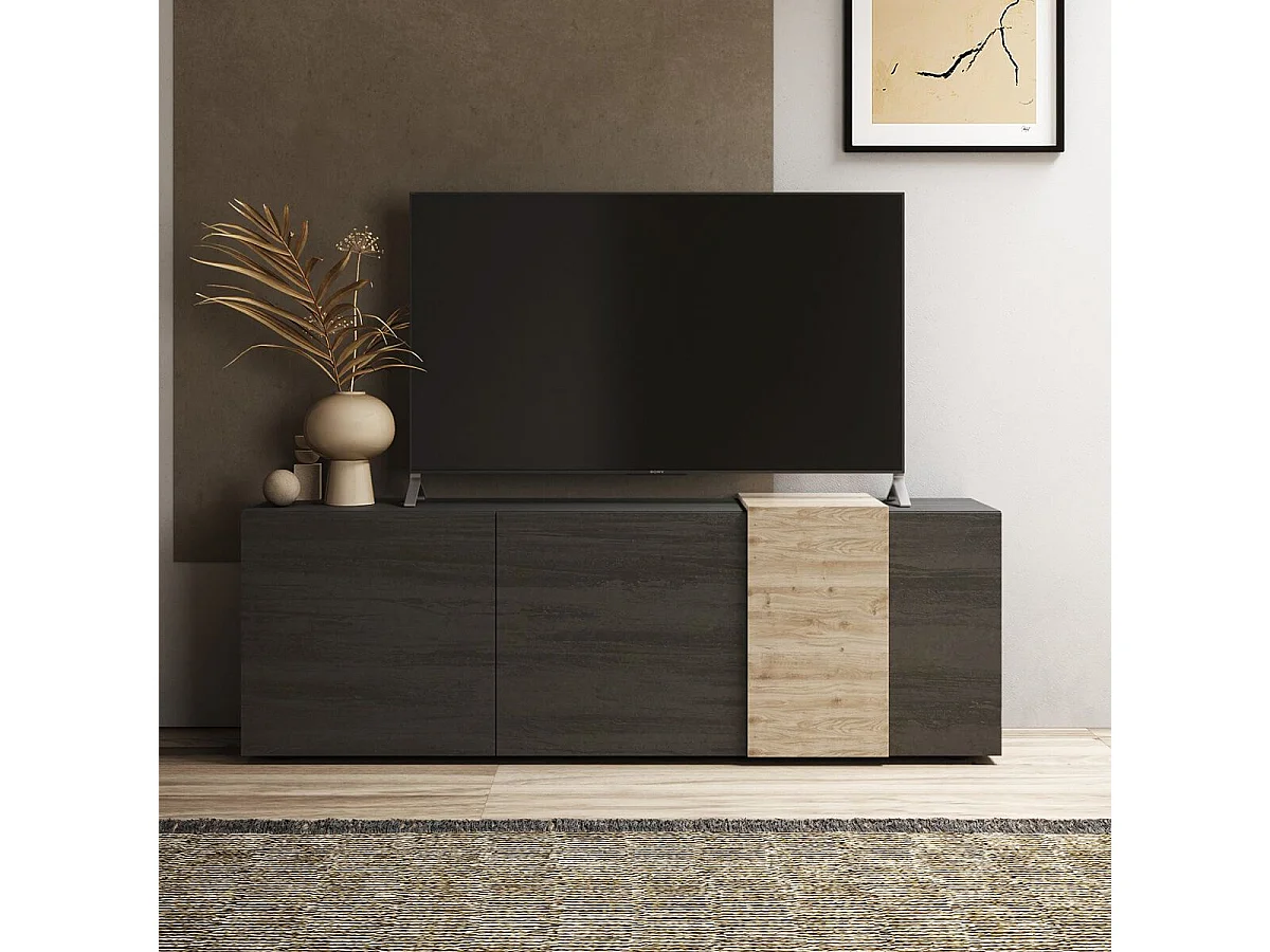 VESUVIO TITANE - Meuble TV 3 Portes Gris Anthracite et Aspect Bois Finition Cadiz