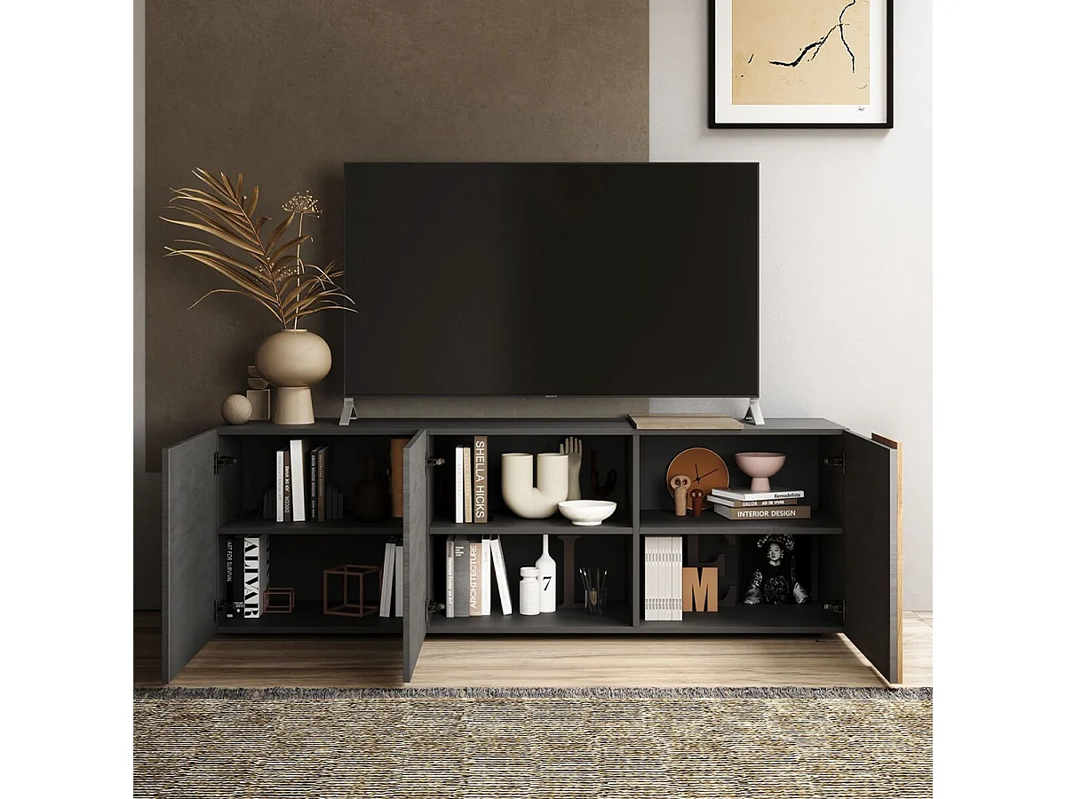 VESUVIO TITANE - Meuble TV 3 Portes Gris Anthracite et Aspect Bois Finition Cadiz