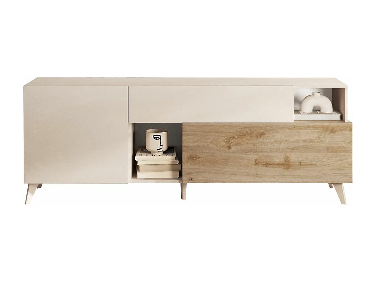 CARLO - Meuble TV 2 portes 1 Tiroir Laqué Beige et Aspect Bois Finition Cadiz