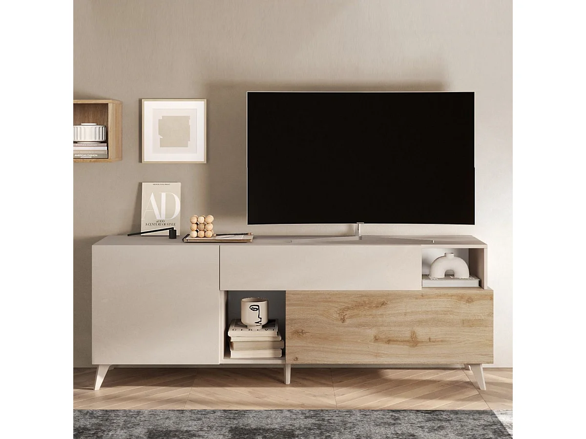 CARLO - Meuble TV 2 portes 1 Tiroir Laqué Beige et Aspect Bois Finition Cadiz