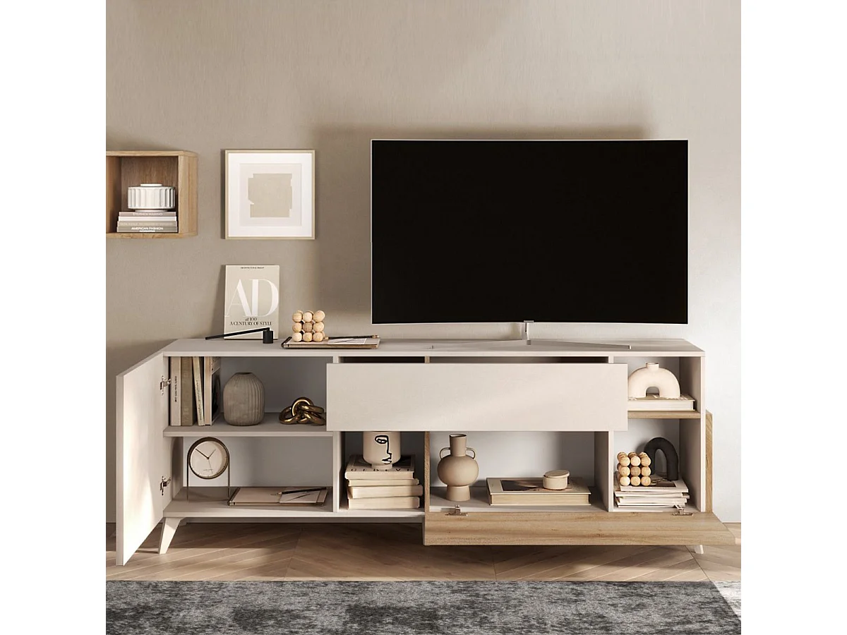 CARLO - Meuble TV 2 portes 1 Tiroir Laqué Beige et Aspect Bois Finition Cadiz