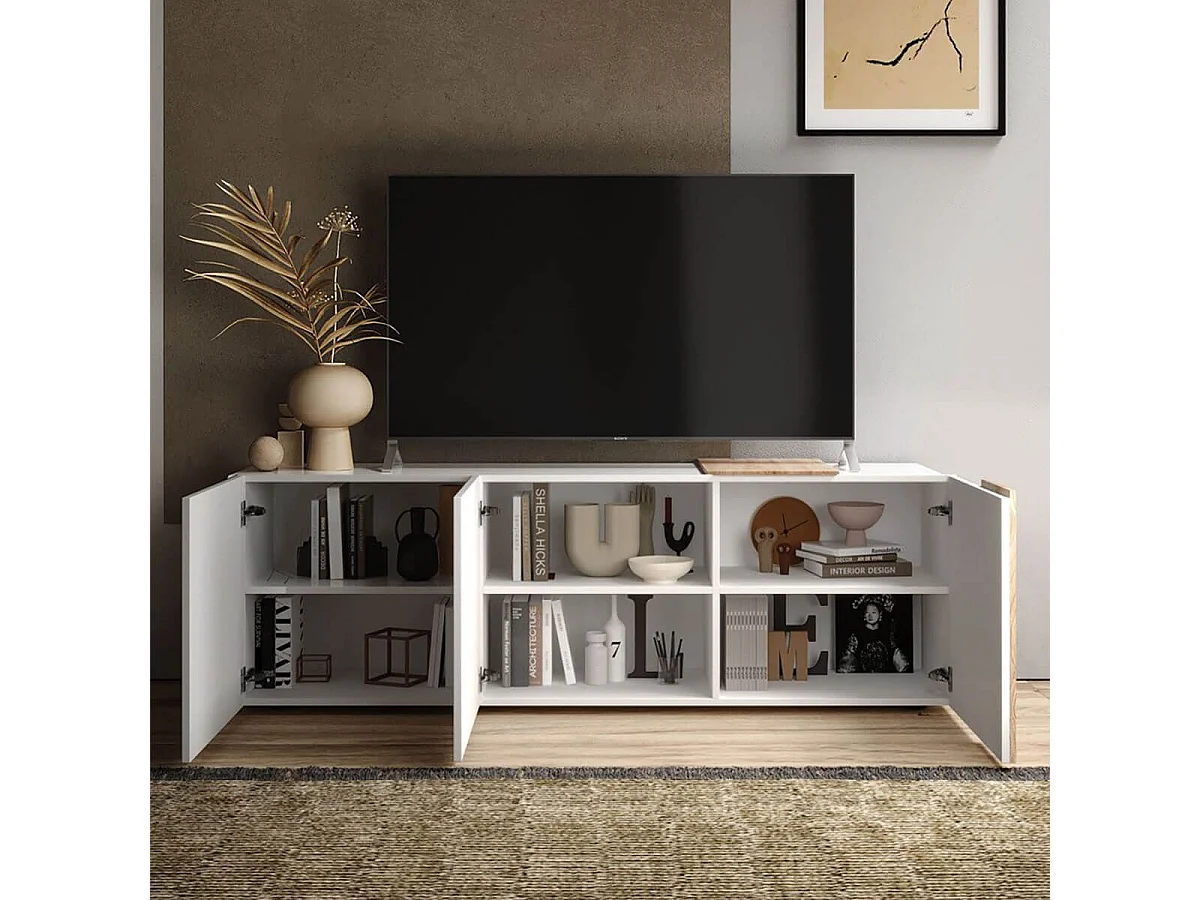 VESUVIO BLANC - Meuble TV 3 Portes Laqué Blanc et Aspect Bois Finition Cadiz