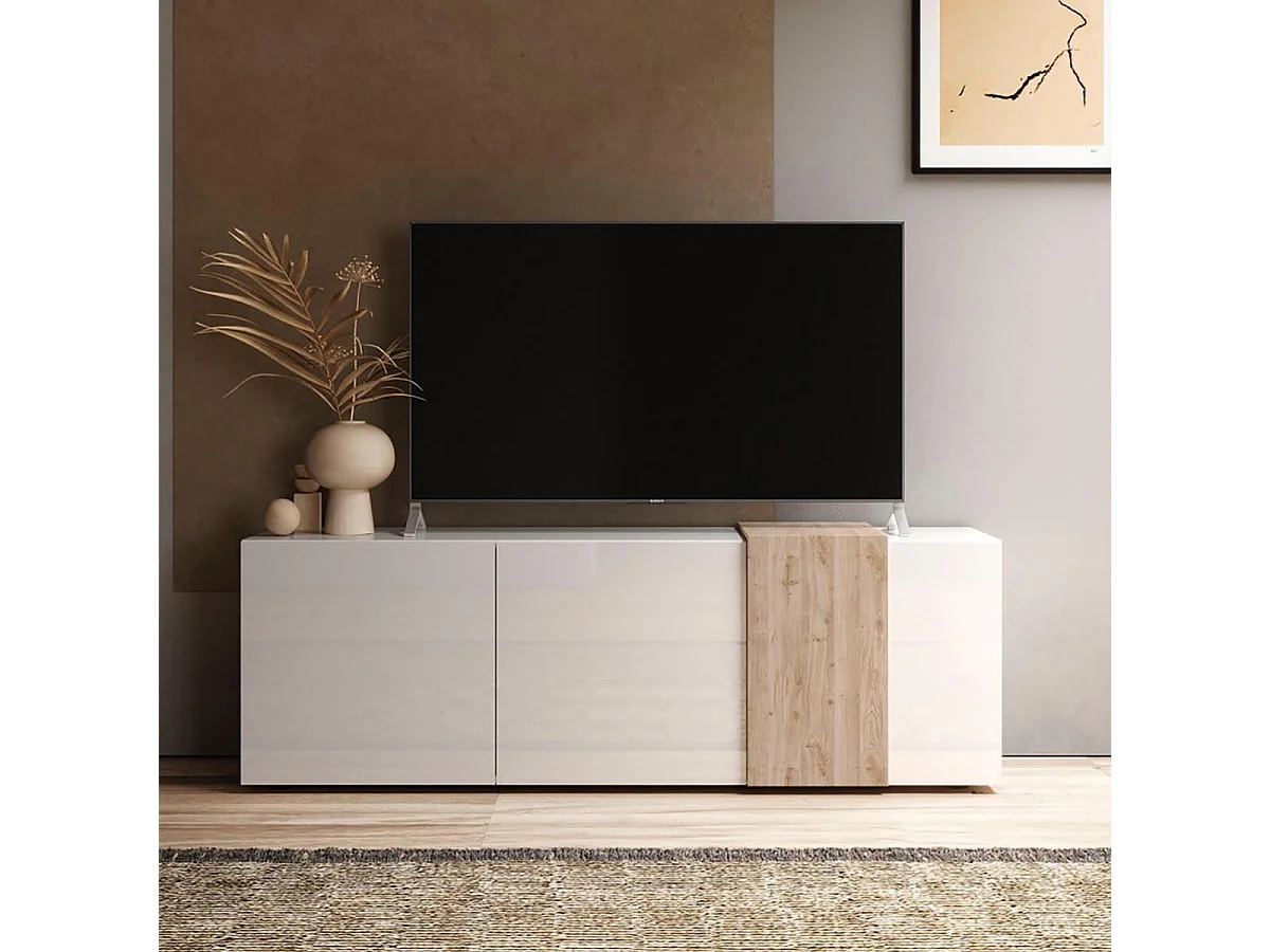 VESUVIO BLANC - Meuble TV 3 Portes Laqué Blanc et Aspect Bois Finition Cadiz