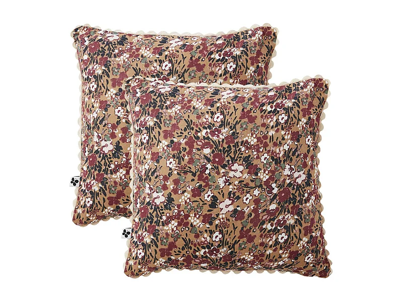 Lot 2 coussins 40 x 40 cm en gaze de coton camel et fleuri - ISABELA 1