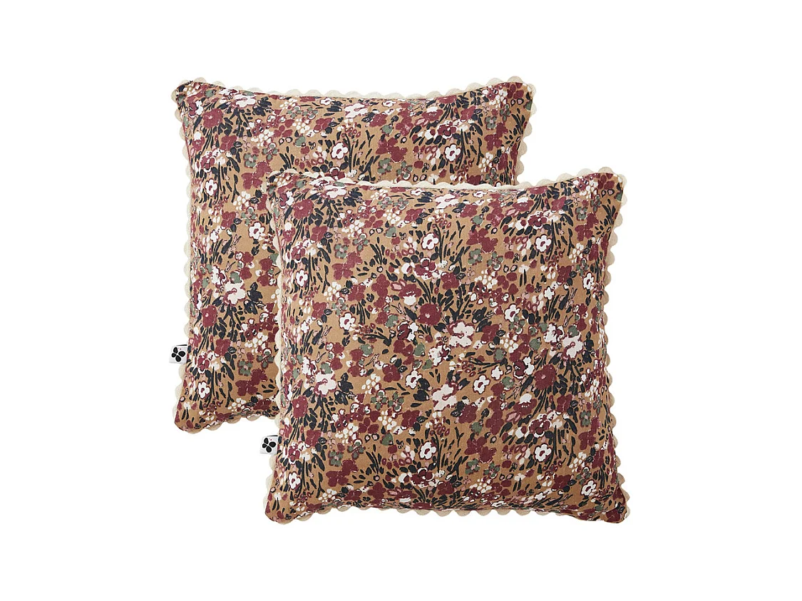Lot 2 coussins 40 x 40 cm en gaze de coton camel et fleuri - ISABELA 1