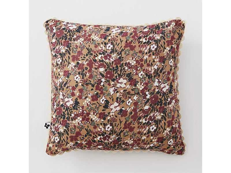 Lot 2 coussins 40 x 40 cm en gaze de coton camel et fleuri - ISABELA 1