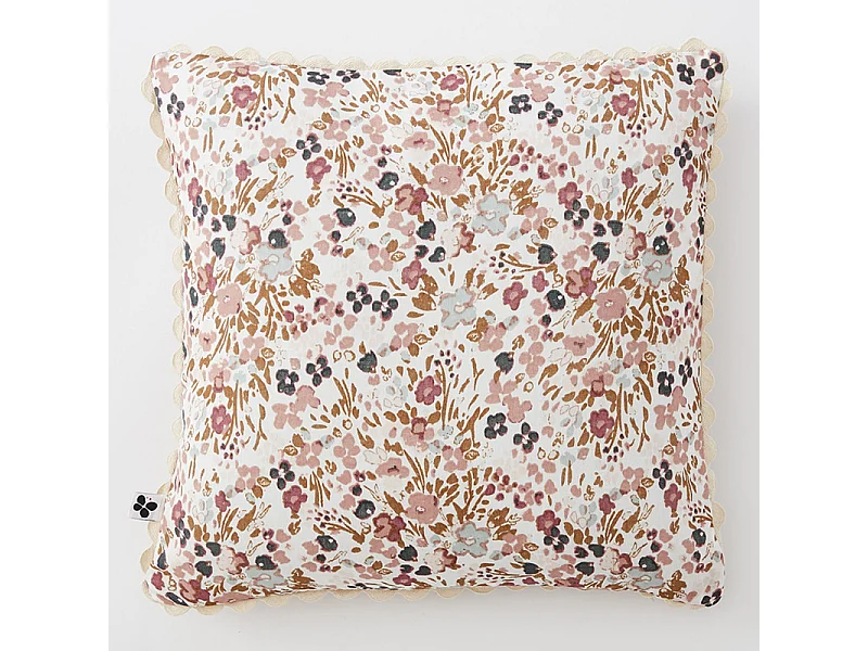 Lot 2 coussins 40 x 40 cm en gaze de coton écru et fleuri - ISABELA 2