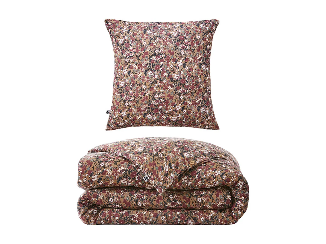 Parure de lit 140 x 200 cm gaze de coton camel et fleuri - ISABELA 1