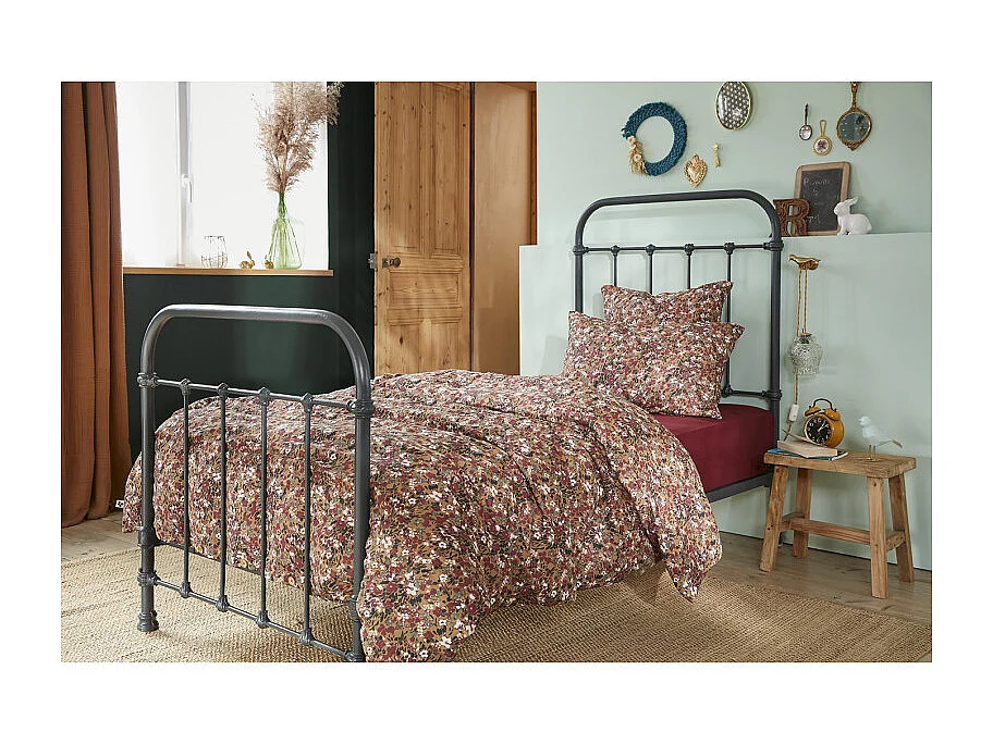 Parure de lit 140 x 200 cm gaze de coton camel et fleuri - ISABELA 1