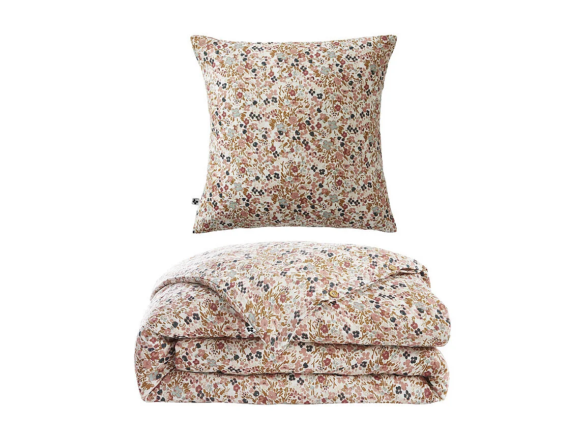 Parure de lit 140 x 200 cm gaze de coton écru et fleuri - ISABELA 2