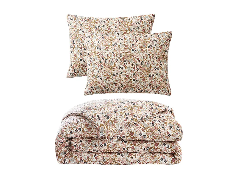 Parure de lit 200 x 200 cm gaze de coton écru et fleuri - ISABELA 2