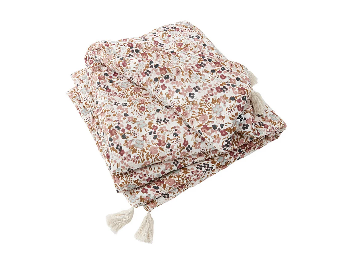 Édredon 90 x 200 cm en gaze de coton écru et fleuri - ISABELA 2