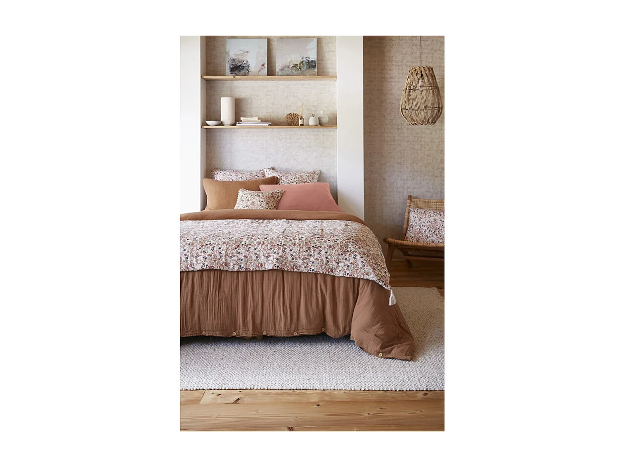 Édredon 90 x 200 cm en gaze de coton écru et fleuri - ISABELA 2