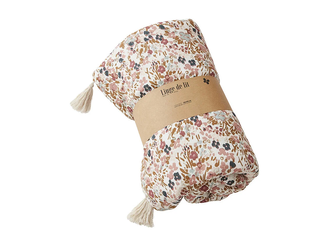 Édredon 90 x 200 cm en gaze de coton écru et fleuri - ISABELA 2