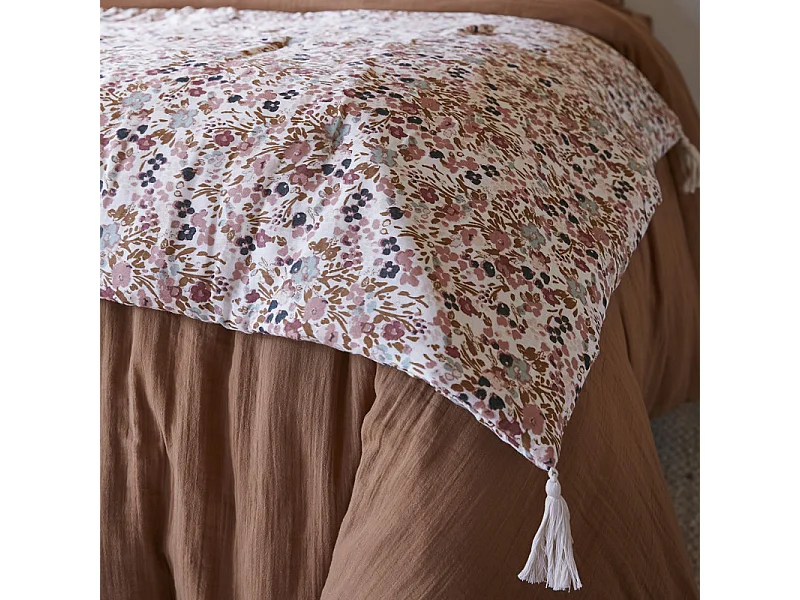 Édredon 90 x 200 cm en gaze de coton écru et fleuri - ISABELA 2