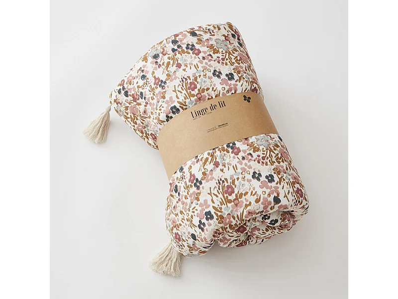 Édredon 90 x 200 cm en gaze de coton écru et fleuri - ISABELA 2