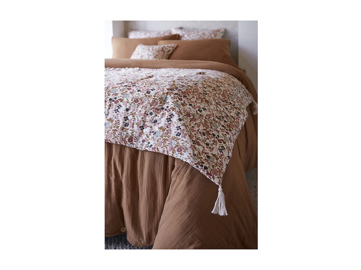 Édredon 90 x 200 cm en gaze de coton écru et fleuri - ISABELA 2