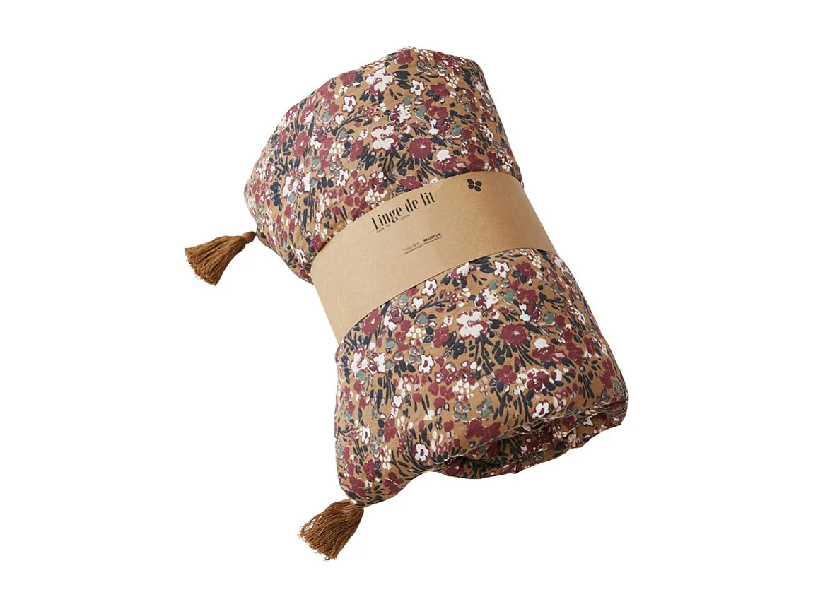 Édredon 90 x 200 cm en gaze de coton camel et fleuri - ISABELA 1