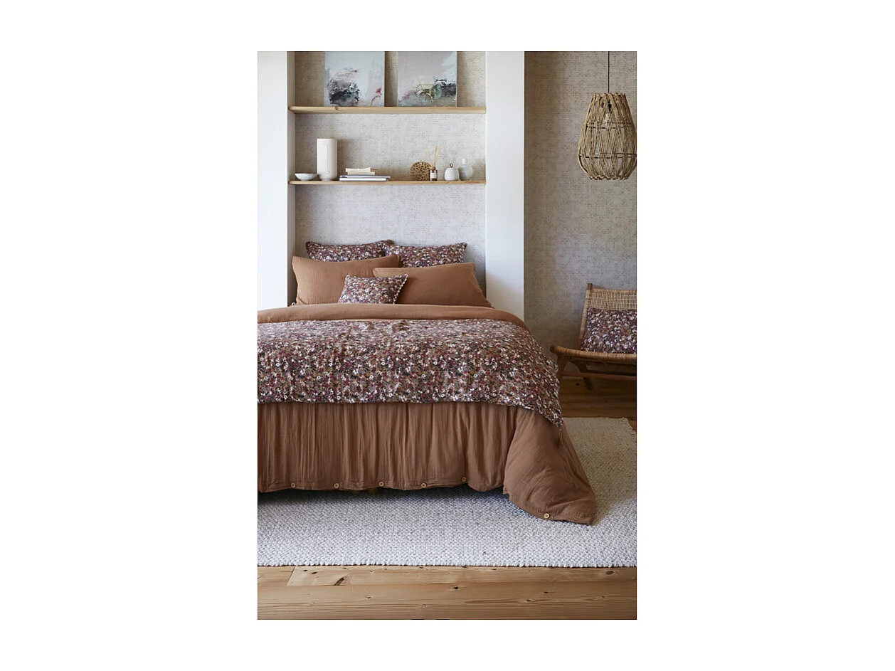 Édredon 90 x 200 cm en gaze de coton camel et fleuri - ISABELA 1