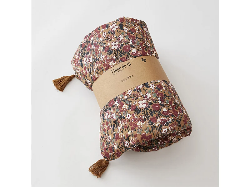 Édredon 90 x 200 cm en gaze de coton camel et fleuri - ISABELA 1