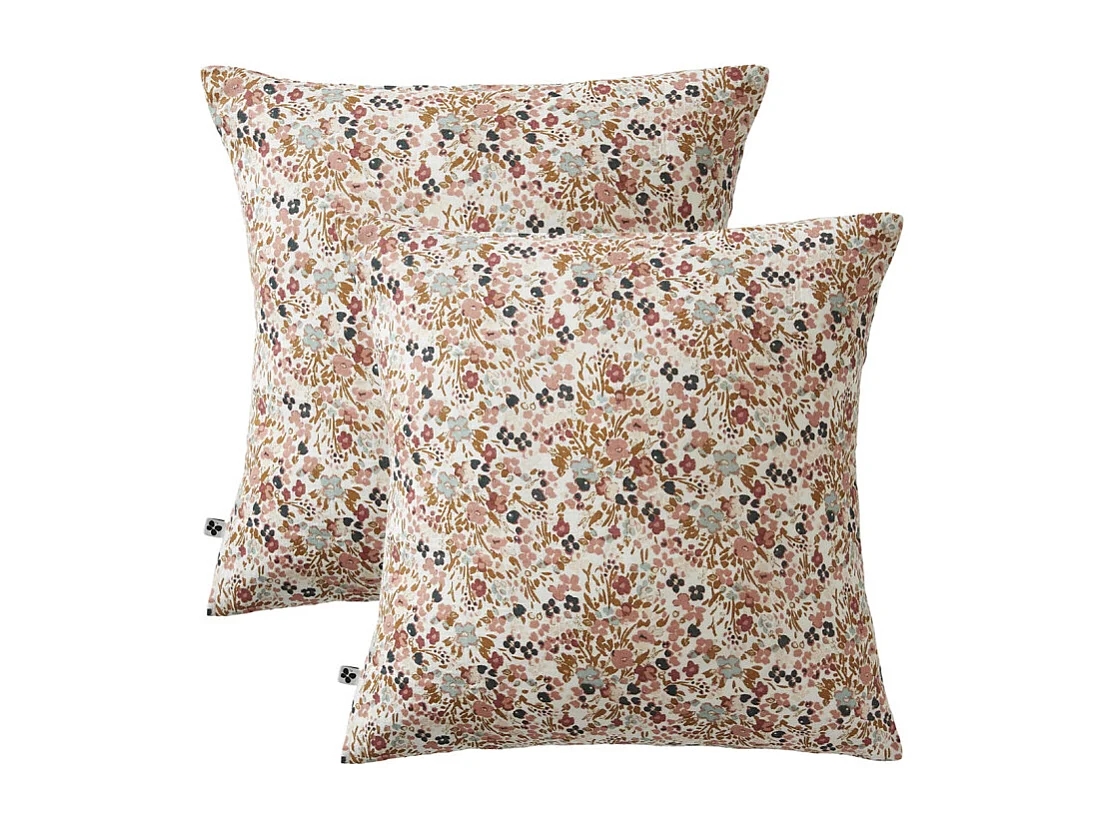 Lot 2 taies 60 x 60 cm en gaze de coton écru et fleuri - ISABELA 2