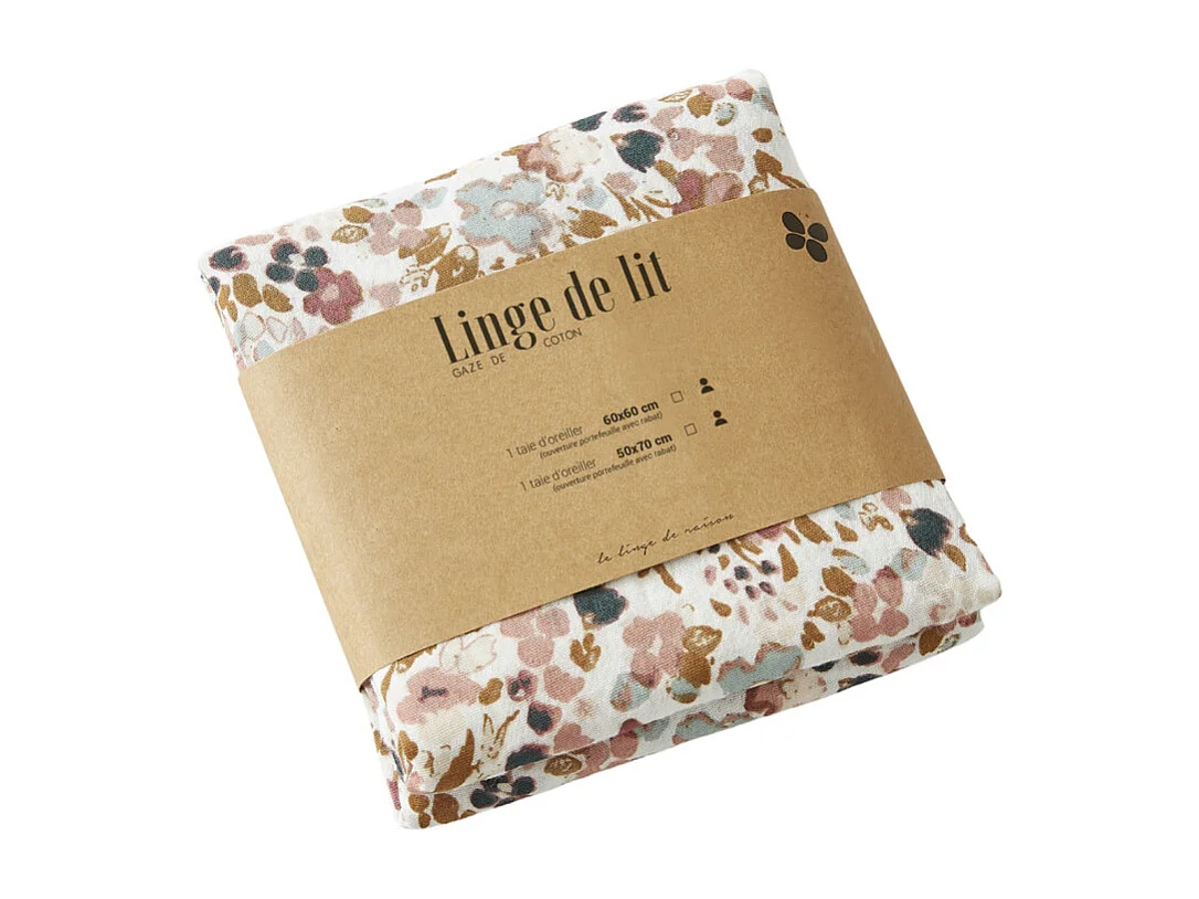 Lot 2 taies 60 x 60 cm en gaze de coton écru et fleuri - ISABELA 2