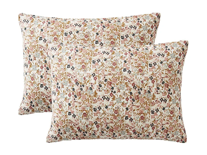 Lot 2 taies 50 x 70 cm en gaze de coton écru et fleuri - ISABELA 2