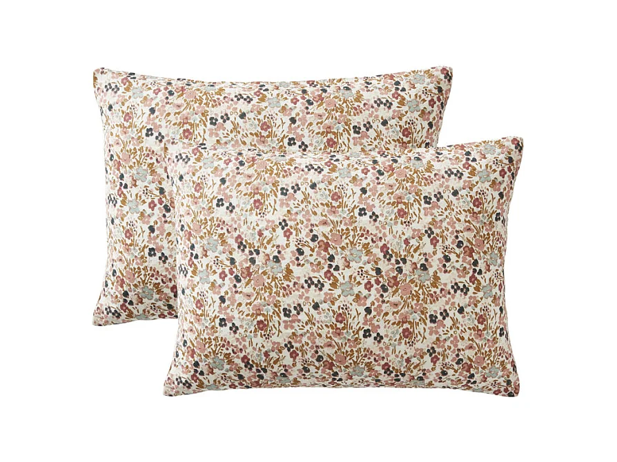 Lot 2 taies 50 x 70 cm en gaze de coton écru et fleuri - ISABELA 2